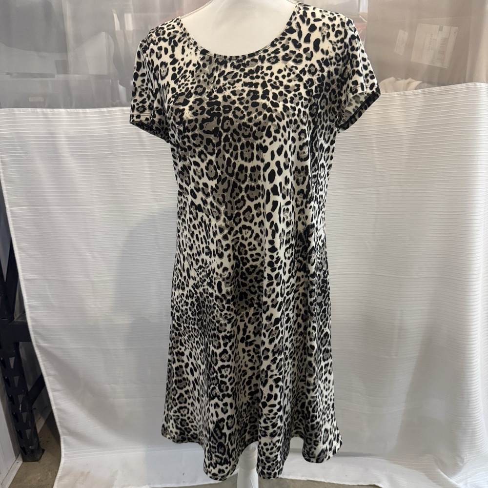 MSK Leopard Print Swing Dress Women's Medium White Black Gray Stretch Midi